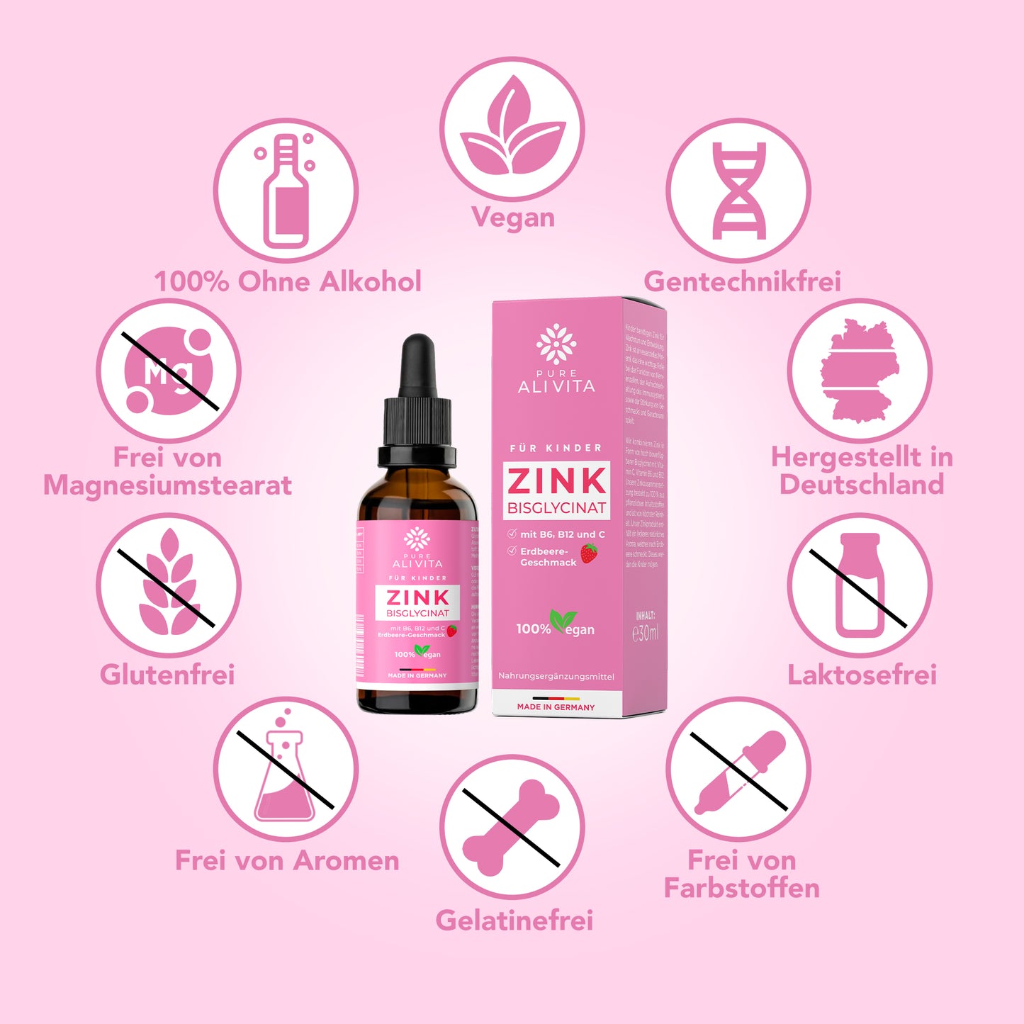 ALIVITA Zink Bisglycinat mit Vitamin C, Vitamin B6 und B12-30ml Tropfen für Kinder 60 Tage - Unterstützt das Immunsystem - 100% Vegan