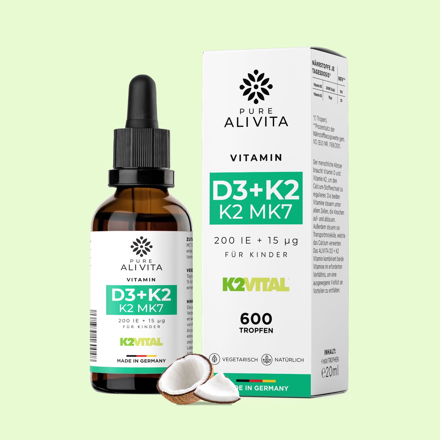 ALIVITA Vitamin D3 + K2 MK7 für Kinder 200 IE + 15µg 600 Tropfen